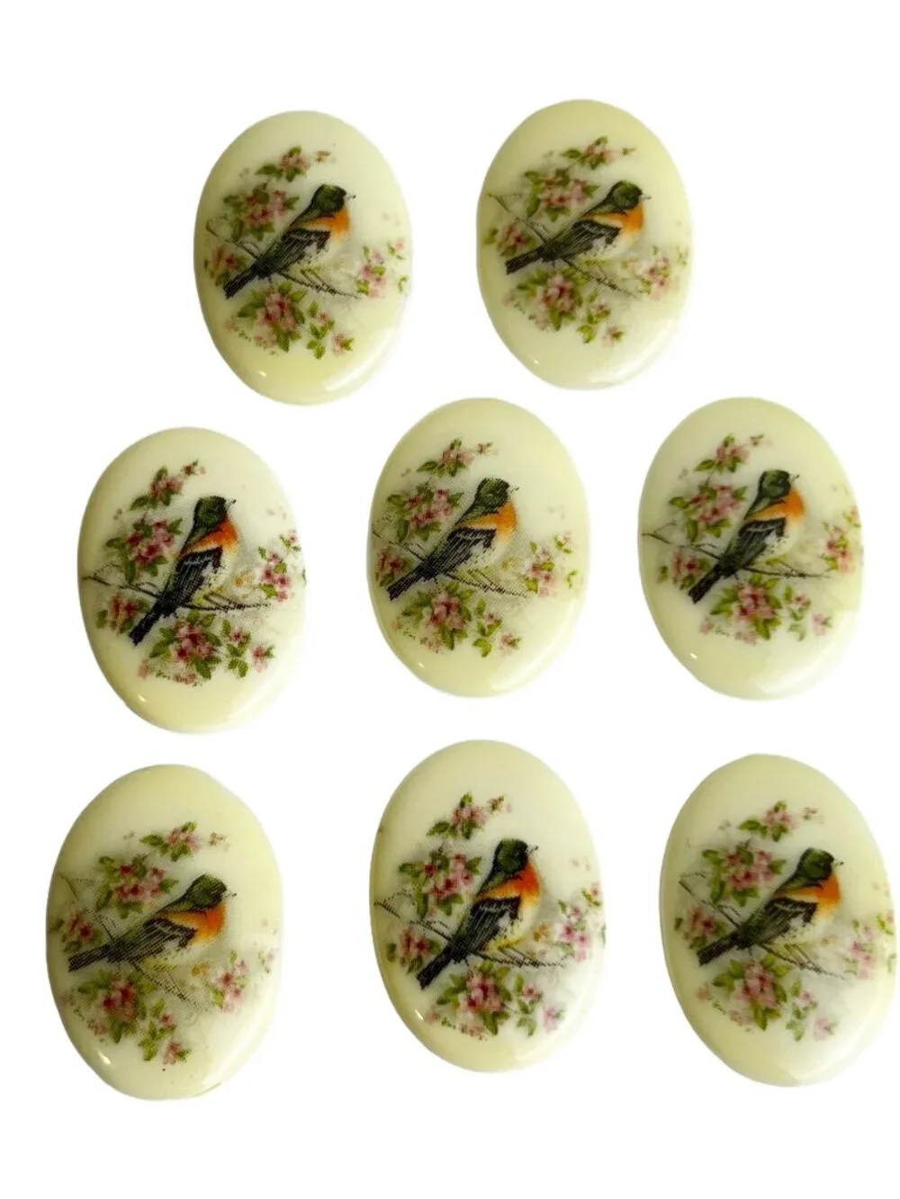 Vintage Style Litho Bird Acrylic Cabochons 25x18 mm - Destash Lot of 8